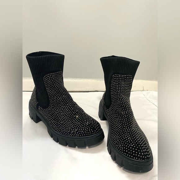 Forever Black Rhinestone Knit Combat Boot - Picture 5 of 13